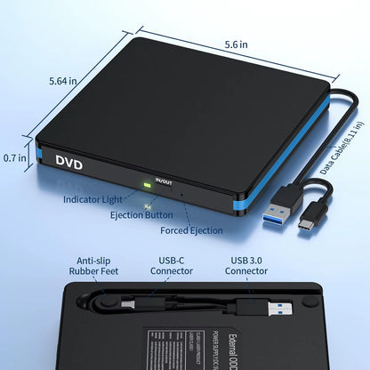 External CD/DVD Drive with Mute Design，Usb 3.0/Type-C Portable CD DVD Burner Player Optical Drives for Laptops Linux Windows Mac