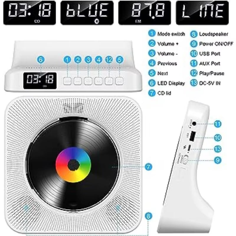 Portable Bluetooth Desktop CD Player for Home with Timer Built-In Hifi Speakers with LCD Screen Display Boombox FM Radio