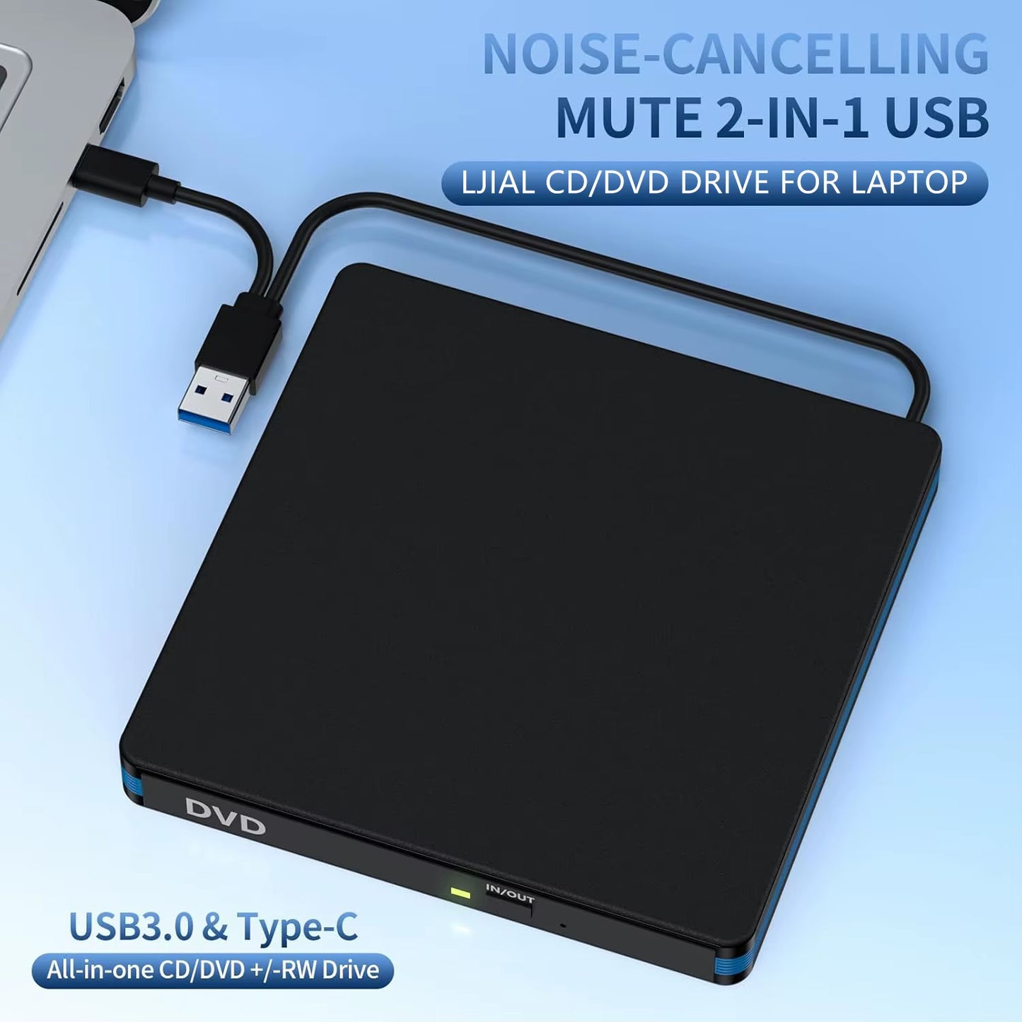 External CD/DVD Drive with Mute Design，Usb 3.0/Type-C Portable CD DVD Burner Player Optical Drives for Laptops Linux Windows Mac