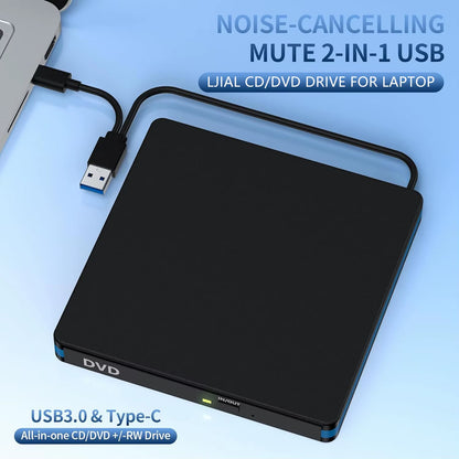 External CD/DVD Drive with Mute Design，Usb 3.0/Type-C Portable CD DVD Burner Player Optical Drives for Laptops Linux Windows Mac