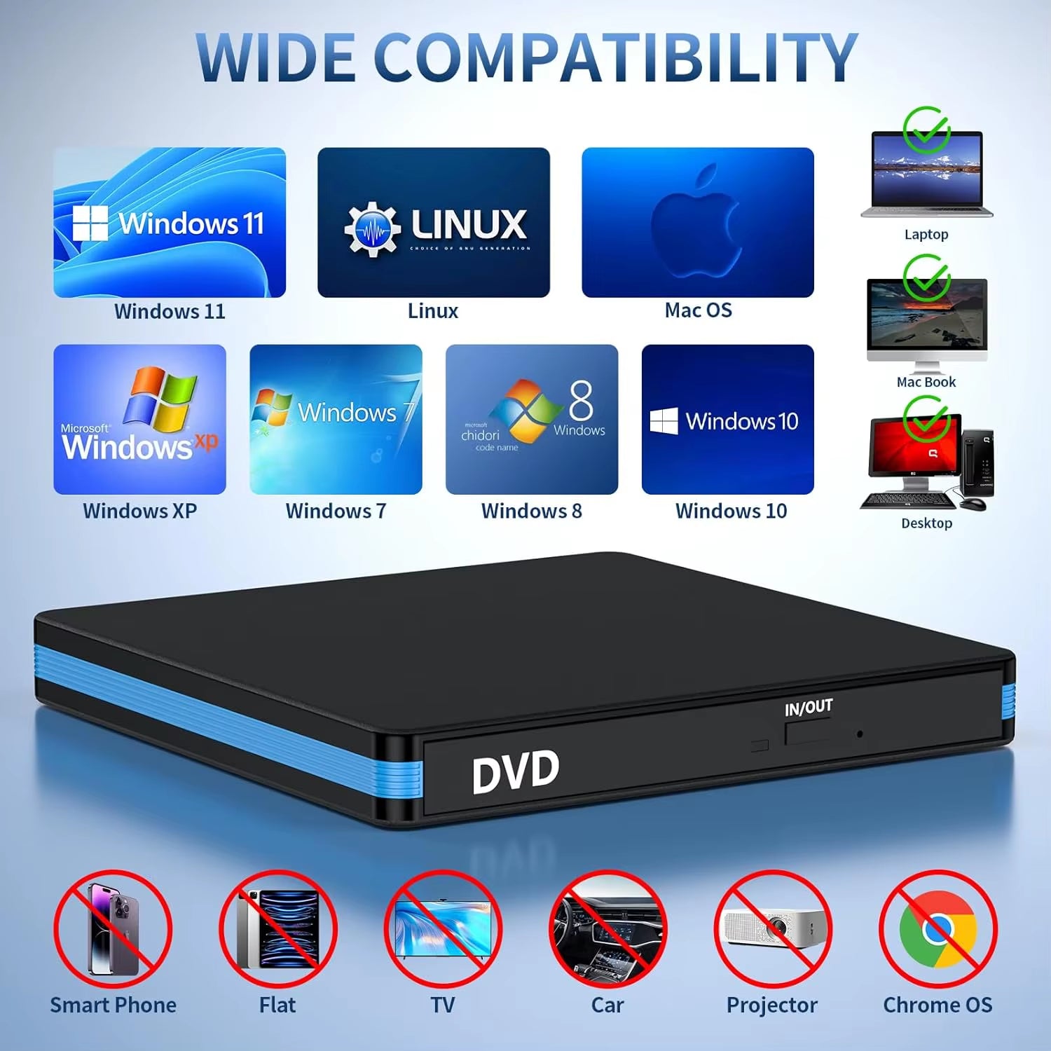 External CD/DVD Drive with Mute Design，Usb 3.0/Type-C Portable CD DVD Burner Player Optical Drives for Laptops Linux Windows Mac