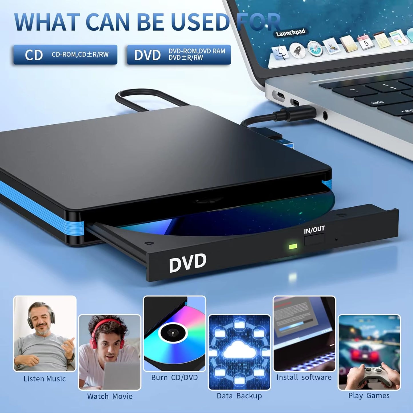 External CD/DVD Drive with Mute Design，Usb 3.0/Type-C Portable CD DVD Burner Player Optical Drives for Laptops Linux Windows Mac